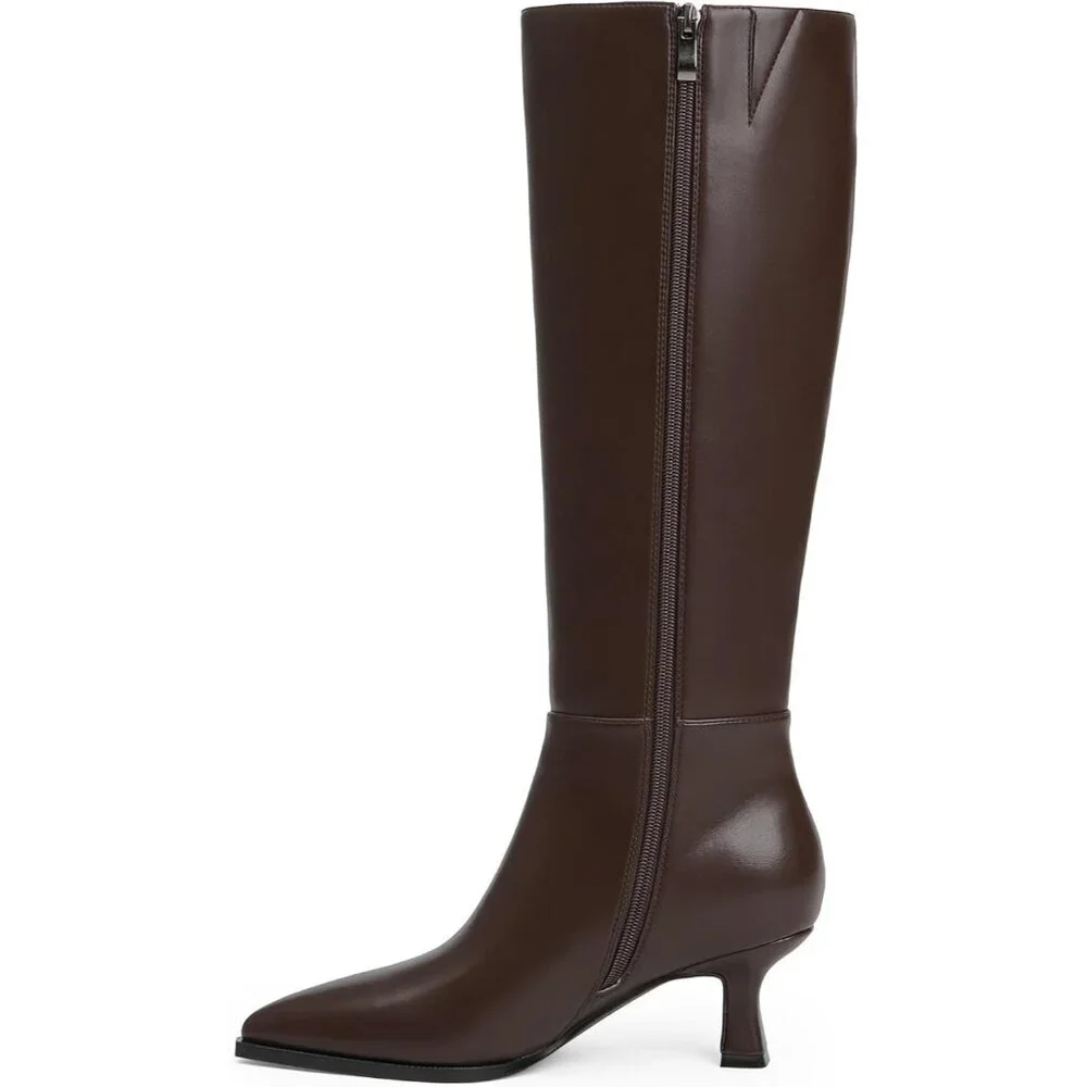 Women's Chocolate Pu Kitten Low Heel Toe Side Zipper Long Tall Knee High Boots